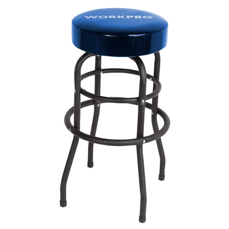 WORKPRO W112003 Garage Shop Stool, Heavy-Duty Steel Construction Garage Stool, Swivel Cushion Seat, Black Powder Coated Legs & Footrest (Single Pack) WORKPRO