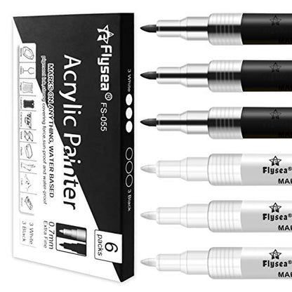 EBOT Acrylic Paint Pen White Black, 6 Pack Black Paint Markers for Rock Wood Fabric Plastic Leather Glass Stone Metal Canvas,Water-Based Acrylic - WoodArtSupply