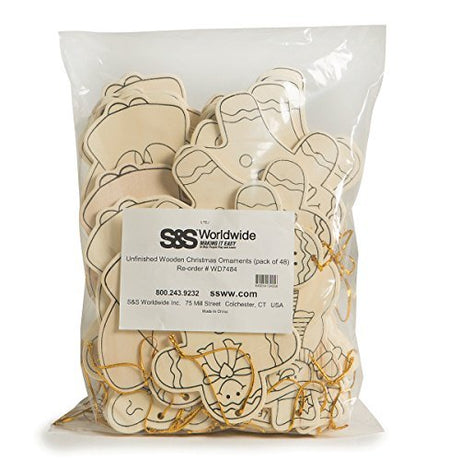 S&S Worldwide Unfinished Wood Holiday Ornaments To Decorate. Pre-Printed Outlines On One Side. Finish w/Paint or Markers, Gold Thread Attached for S&S Worldwide