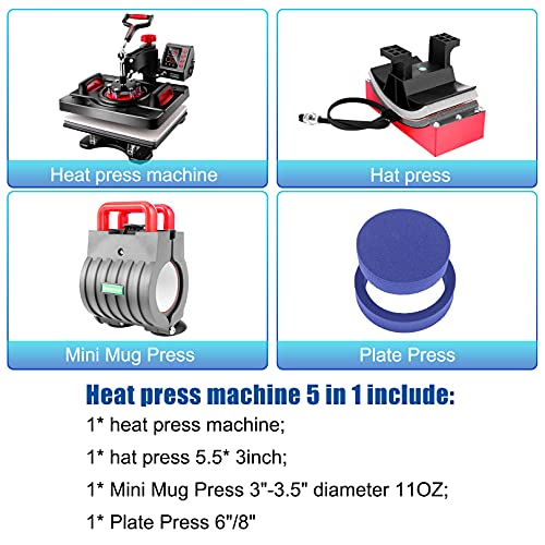 AKEYDIY Upgraded 5 in 1 Heat Press Machine Digital Combo Sublimation Heat Transfer Machine12" X 15"Swing Away Shirt Printing Sublimation Machine AKEYDIY