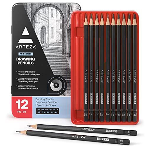 ARTEZA Professional Drawing Sketch Pencils Set of 12, Medium (6B - 4H), Art Supplies for Drawing Art, Sketching, Shading, Artist Pencils for - WoodArtSupply