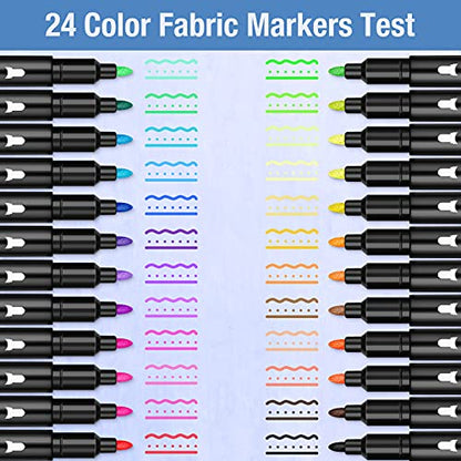 Fabric Markers Permanent for Clothes, 24 Colors Fabric Pens No Bleed, Fine Tip for Kids, Non-Toxic Markers Paint for Tote Bag White Shirt Baby Bibs