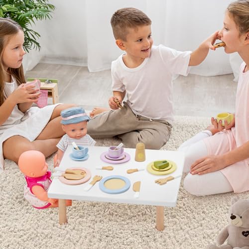 Frogprin 30 PCS Wooden Toy Plates and Dishes for Kids, Play Kitchen Accessories Set, Pretend Play Food Sets for Children Kitchen, Montessori Toys for Frogprin