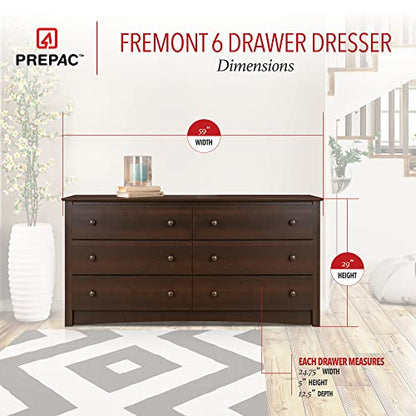 Prepac Fremont Bedroom Furniture: Espresso Double Dresser for Bedroom, 6-Drawer Wide Chest of Drawers, Traditional Bedroom Dresser, EDC-6330-V, 59"W - WoodArtSupply