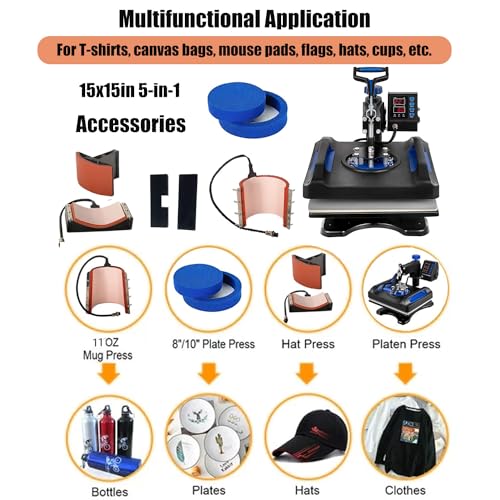 Heat Press Machine 15x15in, Assemble 5 in 1, Fast-Heating, 360 Swing Away, Digital Control Multifunction Sublimation Combo, Blue - WoodArtSupply