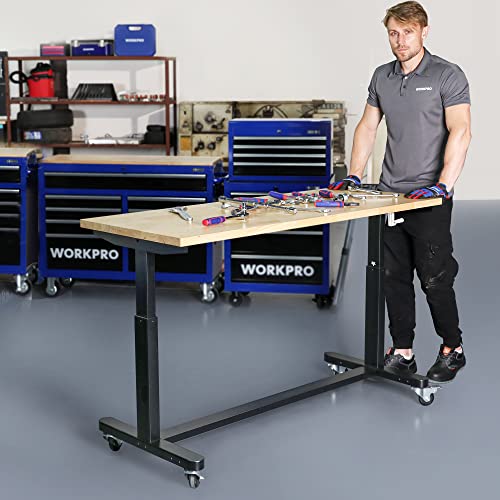 WORKPRO 60” Height Adjustable Work Table with Crank Handle and Casters, 60” x 24” Wooden Top Standing Desk Workbench, Heights from 29”-38”, 500 Lbs WORKPRO