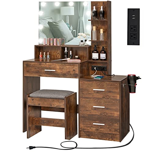 usikey Large Vanity Table Set with Lighted Mirror & Charging Station, Makeup Vanity Dressing Table with 4 Drawers, Vanity Desk with 3-Drawer Chest