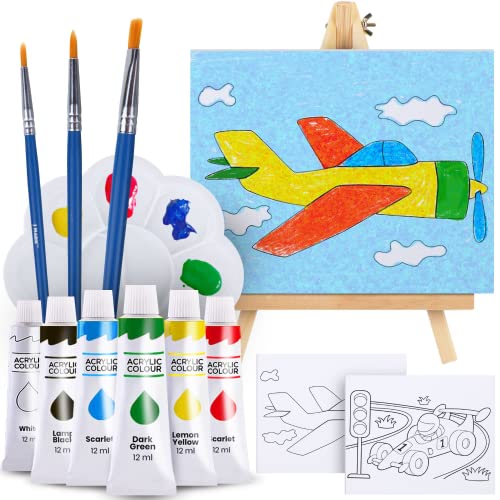 J MARK Kids Paint Set and Paint Easel – Acrylic Painting Kit, Safe Washable Paints, Wood Easel, 2 Pre-Stenciled Canvases 8 x 10 inches, Brushes, - WoodArtSupply