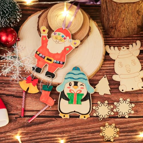 TREACLUB Christmas Wind Chime Kit for Kids, 12 Pack Merry Christmas Make Your Own Wooden Wind Chime DIY Coloring Xmas Snowman Santa Unfinished Wooden TREACLUB