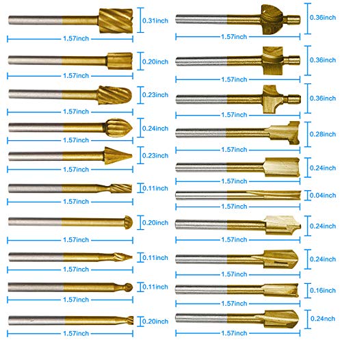 Wood Carving Bits Engraving Router Bit, 20pcs HSS Different Rotary Burr Set  with 1/8(3mm) Shank for Rotary Tools for DIY Woodworking, Carving