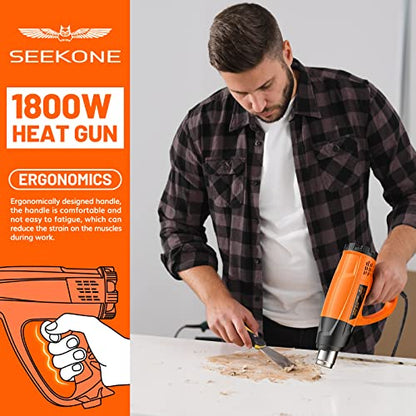 SEEKONE Heat Gun 1800W Heavy Duty Hot Air Gun Kit Variable Temp Control with 2-Temp Settings 7 Accessories 140℉~1112℉（60℃- 600℃）with Overload Protection for Crafts, Shrinking PVC, Stripping Paint