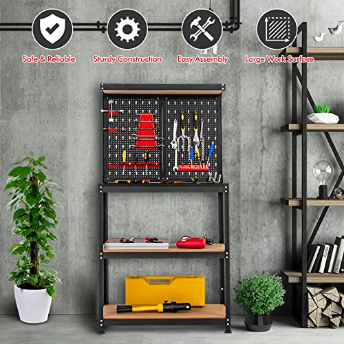 Goplus Work Bench, Work Table with Pegboard, 14 Hanging Accessories, 2 Open Shelves, Heavy Duty Steel Tool Bench, Workbench for Garage Home Workshop Goplus