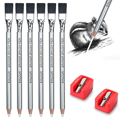 KALOUR Detail Eraser Pencil - 6pc Eraser Pencils with Brush and 2pc Sharpener,Erasing Small Details or add Highlights for Sketching, Charcoal KALOUR
