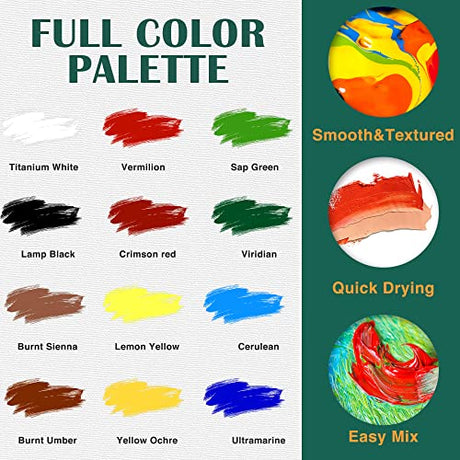 Acrylic Painting Set with 1 Packs / 10 PCS Nylon Hair Brushes 12 Color Tubes (12ml, 0.4 oz) 1 PCS Paint Plate and 4 PCS Canvas for Acrylic Painting ESRICH