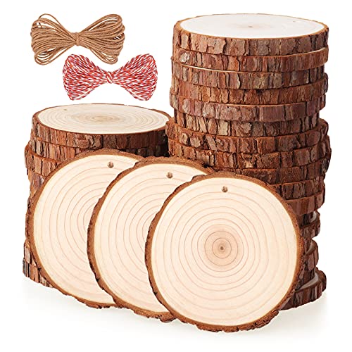 Fuyit Natural Wood Slices, 30 Pcs 3.5-4 Inch Unfinished Predrilled Wooden Circles Tree Slice with Hole & Barks for DIY Arts Craft Christmas Ornaments Fuyit