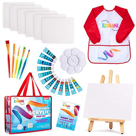 Paint Set for Kids | Premium Art Supplies for Boys & Girls | 27 Piece Acrylic Paint Set Includes Canvas Panels, Paint Brushes, Kids Apron, Tabletop LOOMiNi