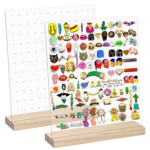 JUXYES Pack of 2 Clear Acrylic Enamel Pin Display Stand with Wooden Base, Tabletop Pin Organizer Display Storage Stand, Enamel Pin Display Holder for JUXYES