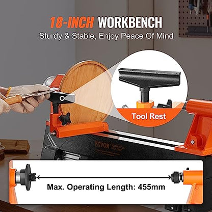 VEVOR Benchtop Wood Lathe, 10 in x 18 in, 0.5 HP 370W Power Wood Turning Lathe Machine, 5 Variable Speeds 780/1320/1920/2640/3840 RPM with Rod