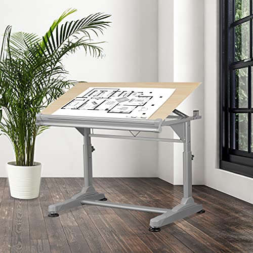 Stand Up Desk Store Adjustable Height and Angle Drafting Table Drawing Desk with Large Surface (Silver Frame/Birch Top, 40" W X 26" D) - WoodArtSupply