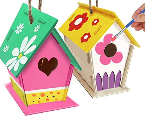 Craft DIY Bird House Kit 2 Pack DIY Unfinished Wood Bird House Build and Paint Your Backyard Birdhouse, Art Craft Wood Toys for Kids Girls Boys