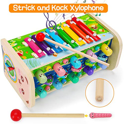 7 in 1 Wooden Montessori Toys for 1 Year Old Age 2 3 Toddler Sensory Toy Developmental Educational Hammering Pounding Toys Xylophone Fine Motor Skill