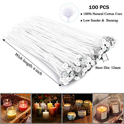 Bulk Candle Wicks 100 Pcs with 60Pcs Candle Wick Stickers and 10 Pcs Wooden Candle Wick Centering Device for Soy Beeswax Candle Making (6inch) ANTUNIHOD