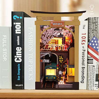 3D Wooden Puzzle Bookends, DIY Book Nook Kit, Sakura DIY Miniature Dollhouse Model Building Kit Insert Decor with Sensor Light, Stand Bookshelf for