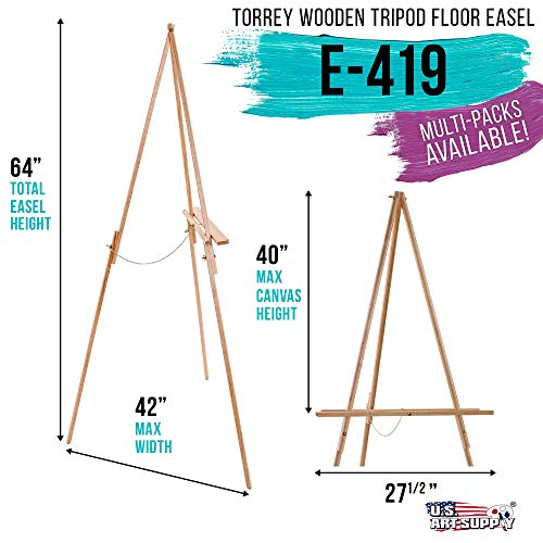 U.S. Art Supply 64" High Torrey Wooden A-Frame Tripod Studio Artist Floor Easel - Adjustable Tray Height, Holds 40" Canvas - Wood Display Holder - WoodArtSupply