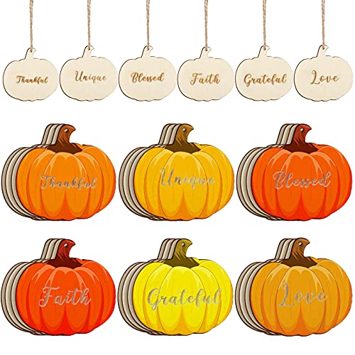 Yookeer 24 Pieces Wooden Pumpkin Cutout Unfinished Thanksgiving Pumpkin Wooden Decorations Hanging Blank Pumpkin Ornaments with 65.6 Feet Rope for