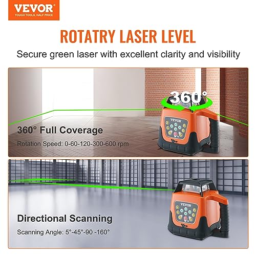 VEVOR Rotary Laser Level 2000ft,360 Degree Self Leveling Green Cross Line Laser,5 Rotation Speeds&4 Scanning Angles Adjustment,IP66 Waterproof Remote - WoodArtSupply