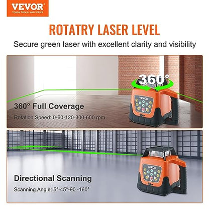 VEVOR Rotary Laser Level 2000ft,360 Degree Self Leveling Green Cross Line Laser,5 Rotation Speeds&4 Scanning Angles Adjustment,IP66 Waterproof Remote - WoodArtSupply