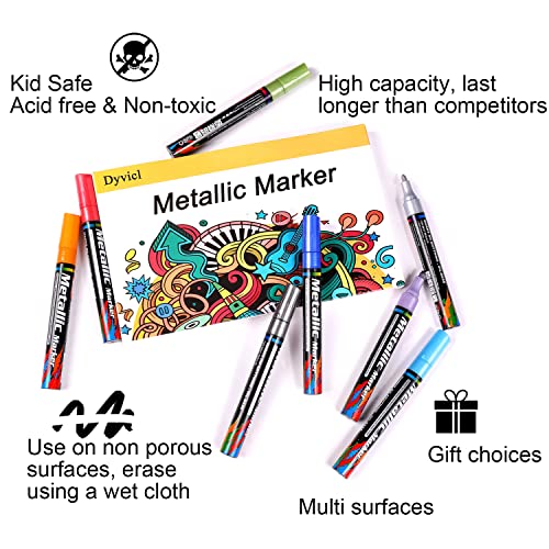 Dyvicl Metallic Markers Paint Markers, Broad Tip Paint Pens for Rocks, Halloween Pumpkin, Wood, Fabric, Glass, Ceramics, Metal, Plastic, Black Paper, - WoodArtSupply