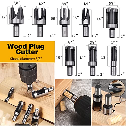 23pcs Woodworking Chamfer Drilling Tool Set, Including 7pcs 3-Point Countersink Drill Bit, 8pcs Wood Plug Cutters, 6pcs Countersink Drill Bits, 1pcs