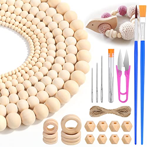 Wooden Beads for Crafts, 660 Pcs Natural Loose Wood Beads Rings Bulk Include Unfinished Beads with Holes, Smooth Wooden Ring, Polygon Spacer Beads Lucomb