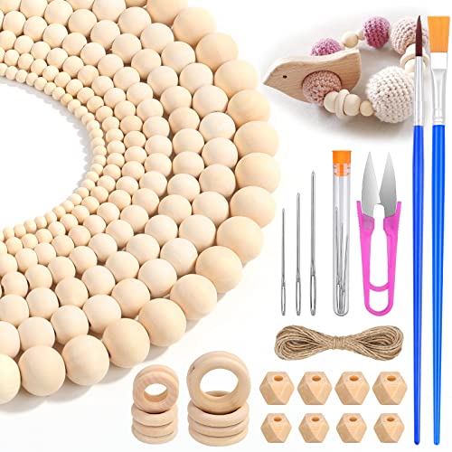 Wooden Beads for Crafts, 660 Pcs Natural Loose Wood Beads Rings Bulk Include Unfinished Beads with Holes, Smooth Wooden Ring, Polygon Spacer Beads