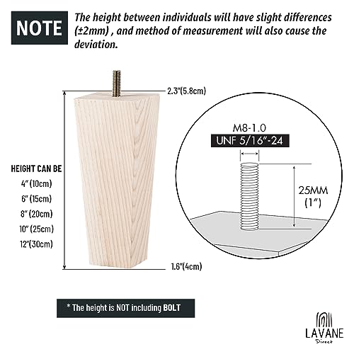 6 inch Unfinished Ash Wood Furniture Legs, LAVANE Set of 4 Mid-Century Modern Pyramid Wooden Replacement Feet with Pre-Drilled 5/16 Inch Bolt & La Vane