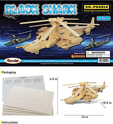 Puzzled 3D Puzzle Black Shark Helicopter Wood Craft Construction Model Kit, Educational DIY Wooden Toy Assemble Model Unfinished Crafting Hobby Army Puzzled