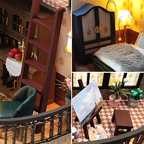 SYCW DIY Dollhouse Miniature Wooden Furniture Kit with Dust Cover and Music Box, Doll House Kit with LED Light, Mini Handmade Wooden Dollhouse Toys, SYCW