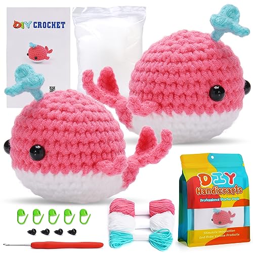 kgxulr 2 Pcs Watermelon Red Whale Crochet Kit, Beginner Animal Crochet Kit, Cute Crochet Starter Kit with Video Tutorial, Crochet Hooks, Colored - WoodArtSupply