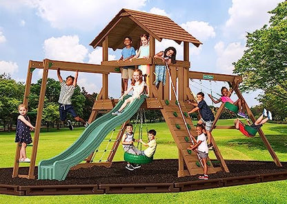 Creative Playthings Northbridge Pack 4 Wooden Swing Set (Made in The USA), Includes Climbing Wall for Kids, Playground Swings & Slide, Monkey Bars &