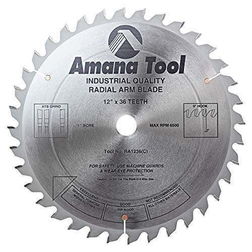 Amana Tool - RA1236 Carbide Tipped Radial Arm 12" Dia x 36T ATB, 0 Deg, 1" Bore Ci - WoodArtSupply