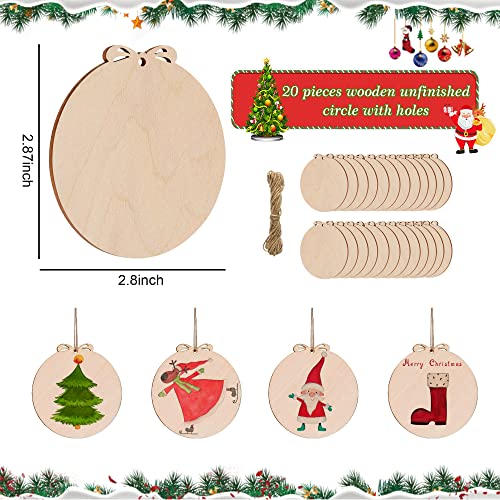20PCS DIY Christmas Wooden Ornaments, Unfinished Wood Christmas Tree Ornaments, DIY Crafts Blank Unfinished Round Wooden Ornaments, Farmhouse