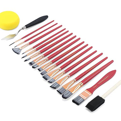 Transon Art Paint Brush Kit 16 Paint Brushes with Foam Brush Sponge Spatula and Brush Case for Oil, Acrylic, Watercolor, Gouache, Painting Pink Color - WoodArtSupply