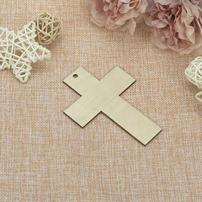 JANOU 20pcs Cross Shaped Wood DIY Craft Cutouts Cross Unfinished Wood Gift Tags Ornaments with Ropes for Wedding Birthday Happy Easter Party