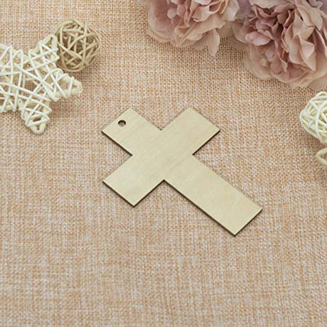 JANOU 20pcs Cross Shaped Wood DIY Craft Cutouts Cross Unfinished Wood Gift Tags Ornaments with Ropes for Wedding Birthday Happy Easter Party JANOU