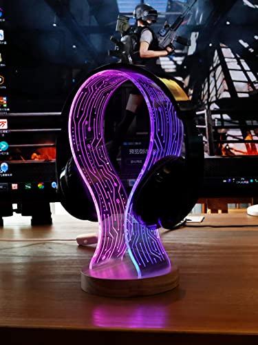 YuanDian Headphone Stand, Walnut Wood Headset Holder with Blue Pink LED Night Light for Gamers, Men, and Music Lovers - Perfect Desk Gift Idea - WoodArtSupply