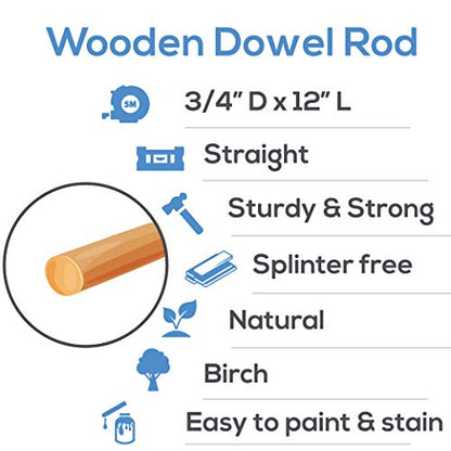 Dowel Rods Wood Sticks Wooden Dowel Rods – 3/4 x 12 Inch Unfinished Hardwood Sticks – for Crafts and DIYers – 5 Pieces by Woodpeckers