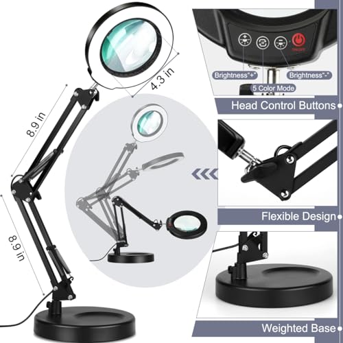 10X Magnifying Glass with Light, Krstlv Upgrade Button 5 Color Modes Stepless Dimmable 2-in-1 LED Lighted Desk Lamp & Clamp, Hands Free Magnifier Krstlv