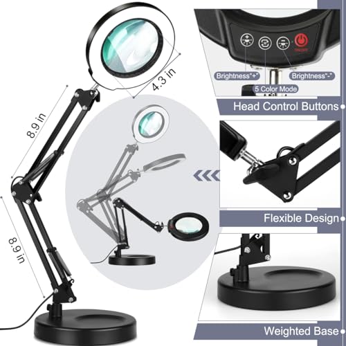 10X Magnifying Glass with Light, Krstlv Upgrade Button 5 Color Modes Stepless Dimmable 2-in-1 LED Lighted Desk Lamp & Clamp, Hands Free Magnifier with Light and Stand for Craft Hobby Repair Close Work