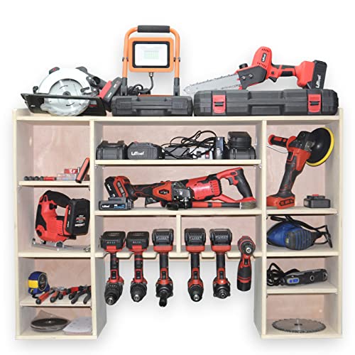 Power Tool Organizer Storage Rack, Drill holder Wall Mount, Cordless Drill Charging Station, Garage Organization, large 44.5”x32” - WoodArtSupply